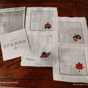 SFERRA SET OF 4  100% LINEN COCKTAIL NAPKINS HEMSTITCH BORDER 6x6 PURE WHITE NWT